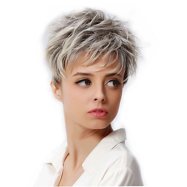  Synthetic Wig Cosplay Wig Wavy Wavy Pixie Cut Wig Short Silver Synthetic Hair Women's Dark Roots African American Wig Gray