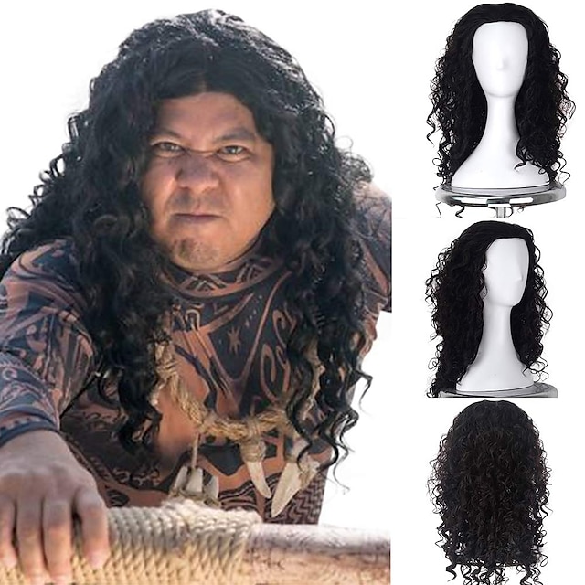  Black Wigs For Men Moana Maui Cosplay Wigs Medium Long Curly Natural Black Synthetic Wig For Men (Maui Cosplay For Men)
