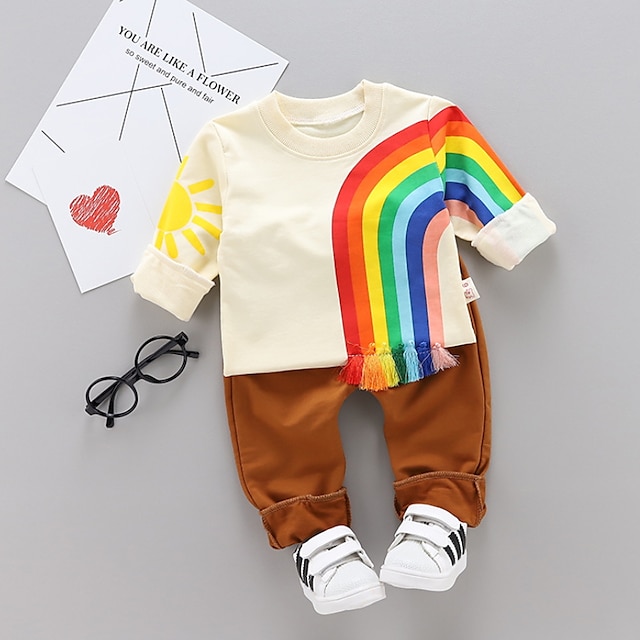 Baby & Kids Boys Clothing | Kids Boys Sweatshirt & Pants Clothing Set 2 Pieces Long Sleeve Black Brown Rainbow Print Print Cotto