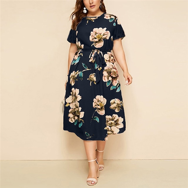 Womens Clothing Plus Size Collection | Womens Plus Size A Line Dress Floral Round Neck Print Short Sleeve Spring Summer Casual P