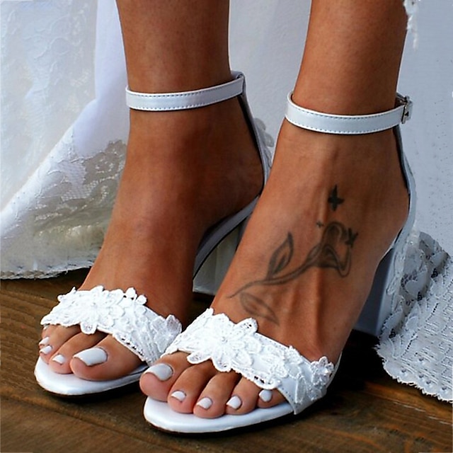  Damen Hochzeit Schuhe Brautschuhe Spitze Offene Spitze Boho PU Knöchelriemen Weiß Elfenbein