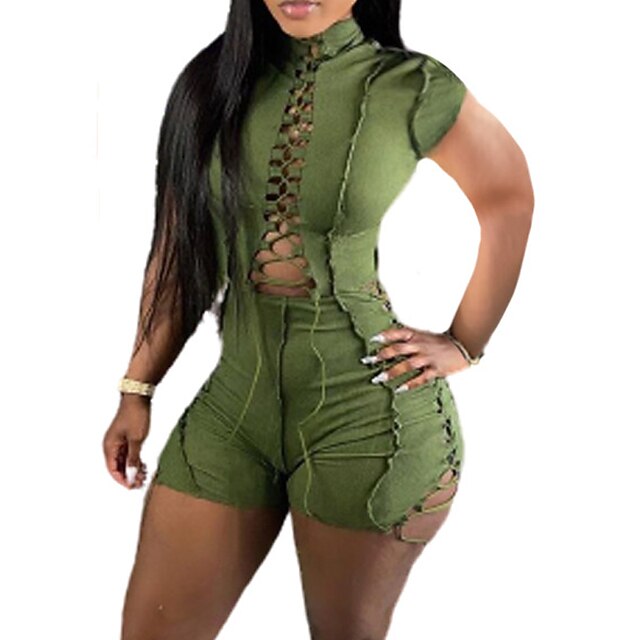 

Women's Romper Cut Out Solid Color Stand Collar Active Street Sport Regular Fit Short Sleeve Green Black Orange S M L Spring