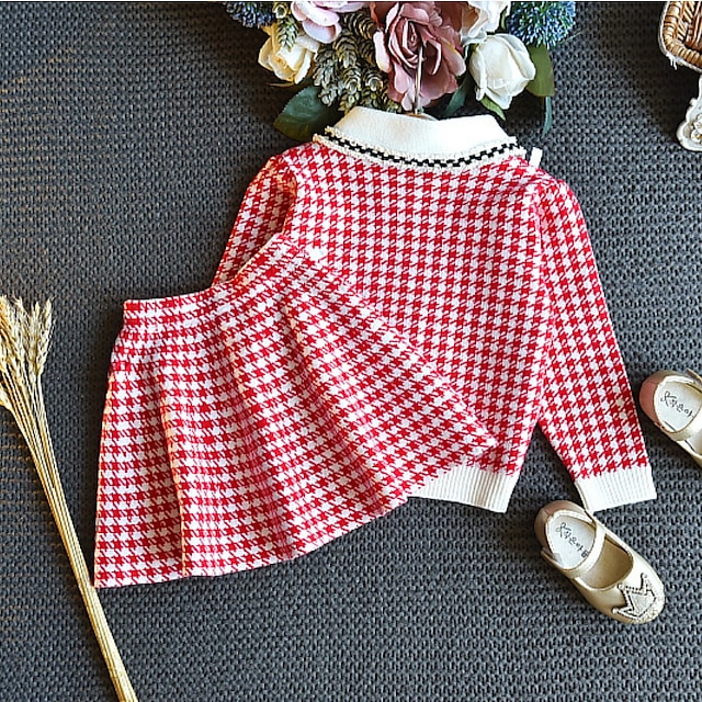 Baby & Kids Girls Clothing | Kids Girls Shirt & Skirt Skirt Set Clothing Set 2 Pieces Long Sleeve Red Plaid Print Cotton Indoor 