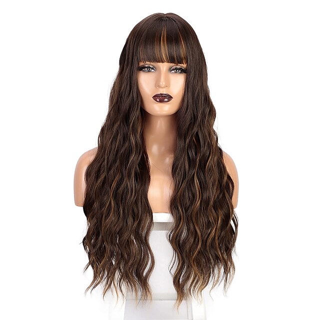 Beauty & Hair Wigs & Hair Pieces | Brown Wig with Bangs Long Wavy Blonde Highlights Wig for Women Synthetic Heat Resistant Wig N