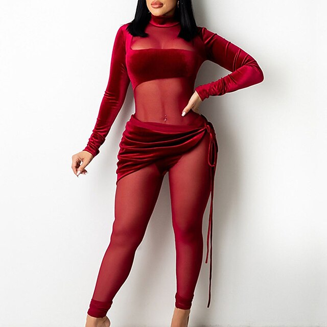 

Women's Jumpsuit Lace up Mesh Solid Color Crew Neck Active Home Street Regular Fit Long Sleeve Blue Black Red S M L Spring