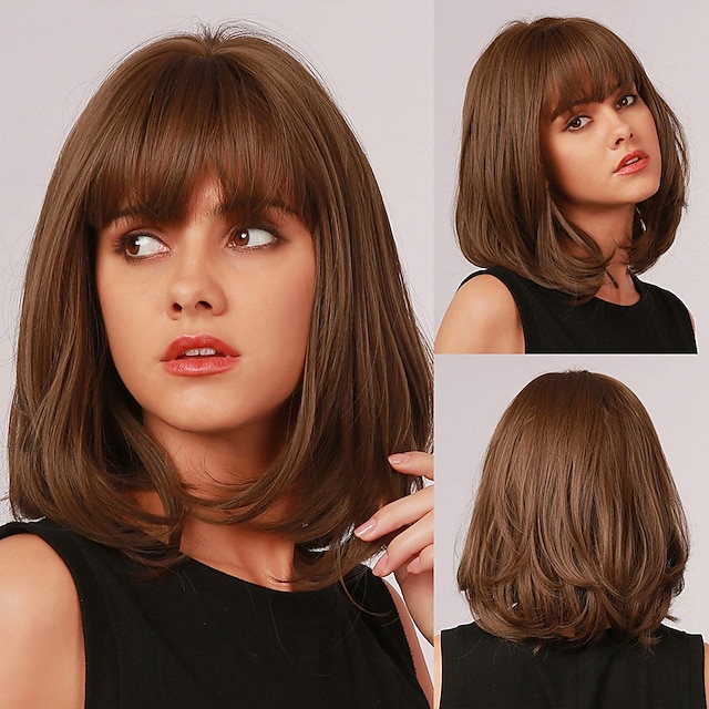  Perruque bob brune avec frange perruques synthétiques pour femmes perruques droites de longueur moyenne perruques d'aspect naturel 12 pouces