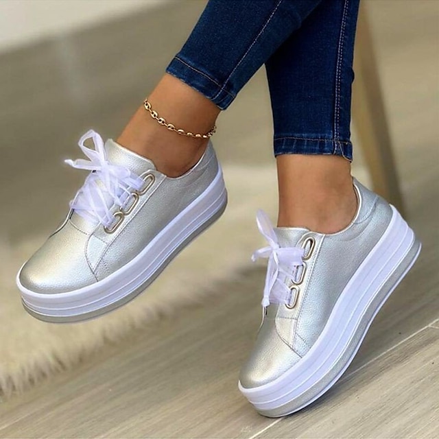 Womens Chunky Platform Sneakers Round Toe Lace Up Breathable Athletic Wedge Walking Sport Shoes White 
