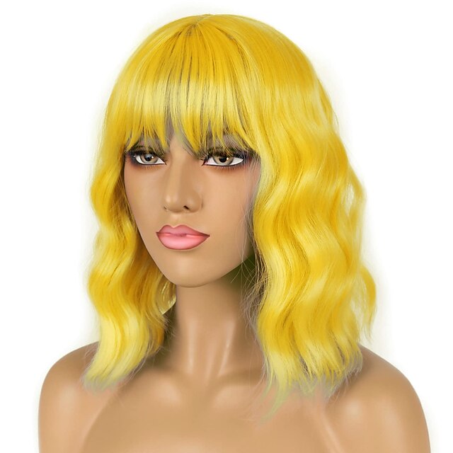 Beauty & Hair Wigs & Hair Pieces | Short Bob Wigs with Bangs for Women Loose Wavy Hair Shoulder Length Bob Yellow Wigs Synthetic