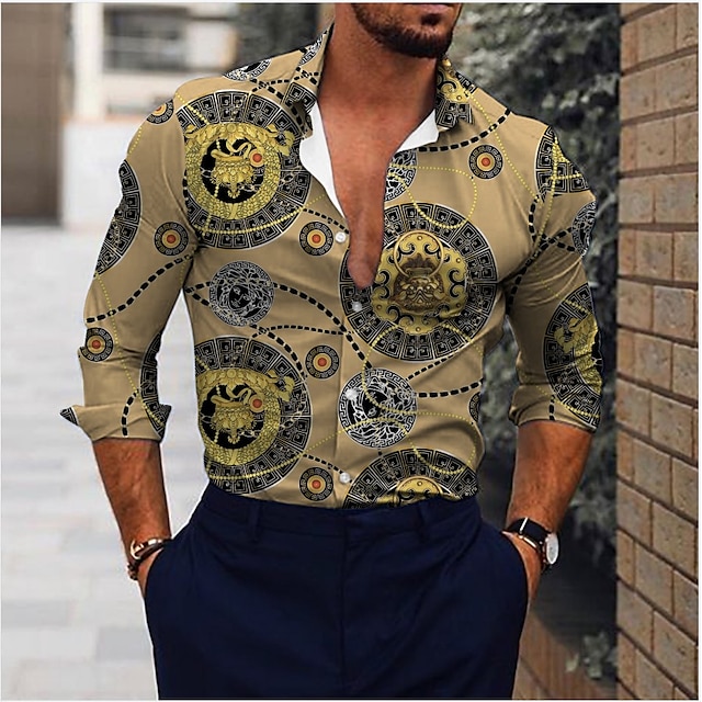  Men's Shirt Geometric Collar Classic Collar Party Daily Long Sleeve Slim Tops Luxury Vintage Black Gold / Fall / Work / Club
