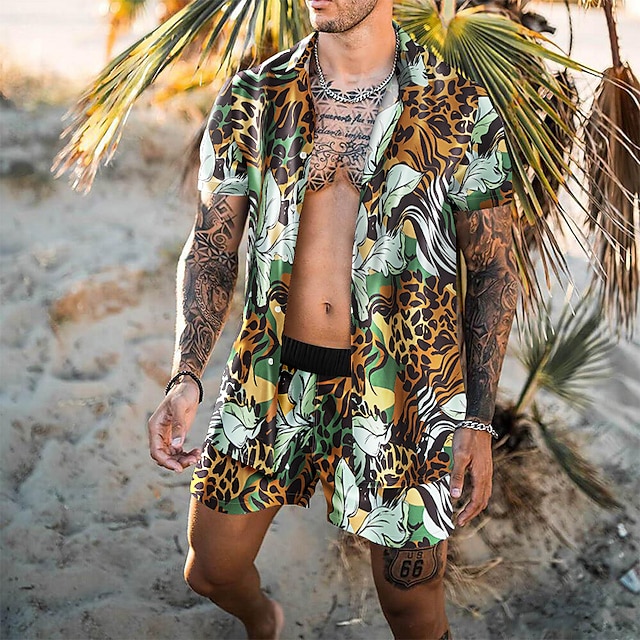  Homme Léopard Impressions Graphiques Ensembles de chemises Ensemble Chemise Chemise hawaïenne Chemise Aloha Manche Courte Col Rabattu Mode Hawaïen Occasionnel Extérieur Vacances Occasionnel