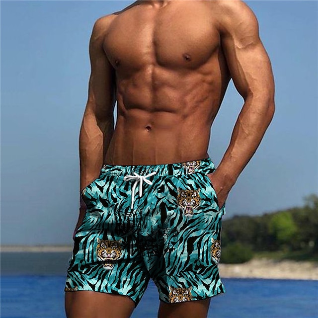  Men's Shorts Beach Shorts 3D Print Elastic Drawstring Design Straight Leg Graphic Tiger Breathable Soft Short Casual Daily Streetwear Designer Blue Micro-elastic / Summer