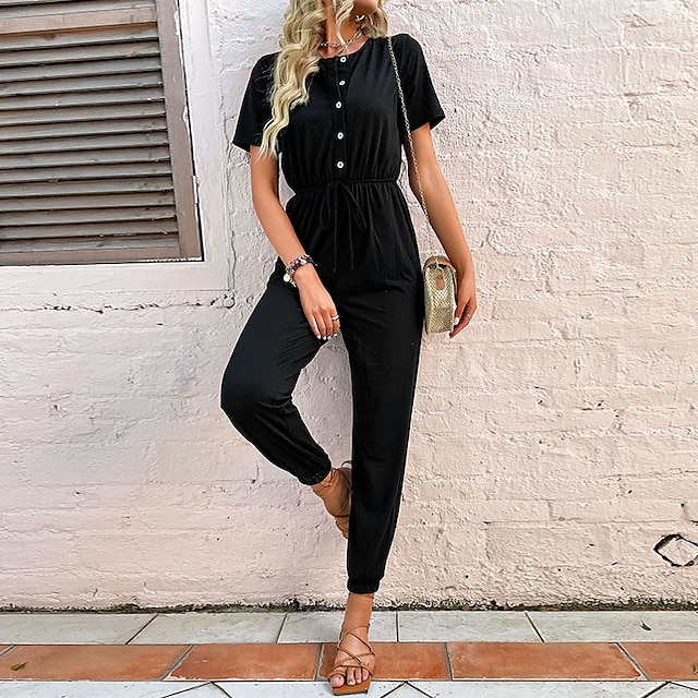 

Women's Jumpsuit Button Solid Color Crew Neck Active Street Casual Regular Fit Short Sleeve Black S M L Spring