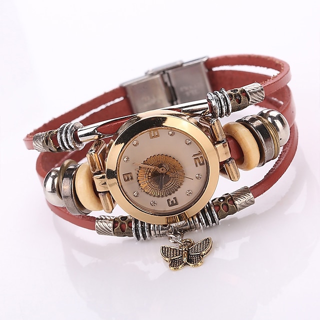  Women Premium Leather Watch Triple Bracelet Watch Butterfly Charm Wristwatch Fashion Quartz Watch for Women Analog Quartz Casual