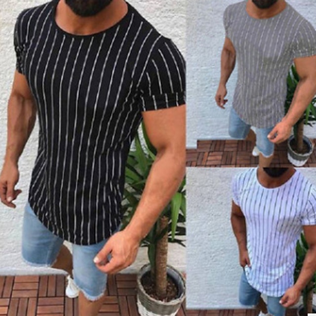  Men's T shirt Tee Short Sleeve Striped Crew Neck White Black Gray Casual Daily Clothing Apparel Sports Fashion Lightweight Big and Tall / Summer