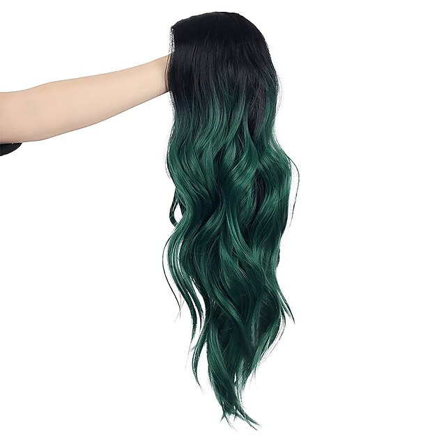 Beauty & Hair Wigs & Hair Pieces | Long Curly Wavy Gradient Black Green Wig Synthetic Natural Mid Cosplay Costume Wig for Women 