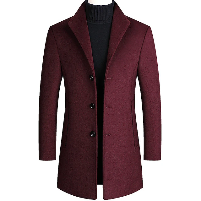 Men's Winter Coat Wool Coat Overcoat Blazer Office Business Winter Wool Windproof Warm Outerwear Clothing Apparel Office / Business Solid Color Pocket Stand Collar Single Breasted One-button 18