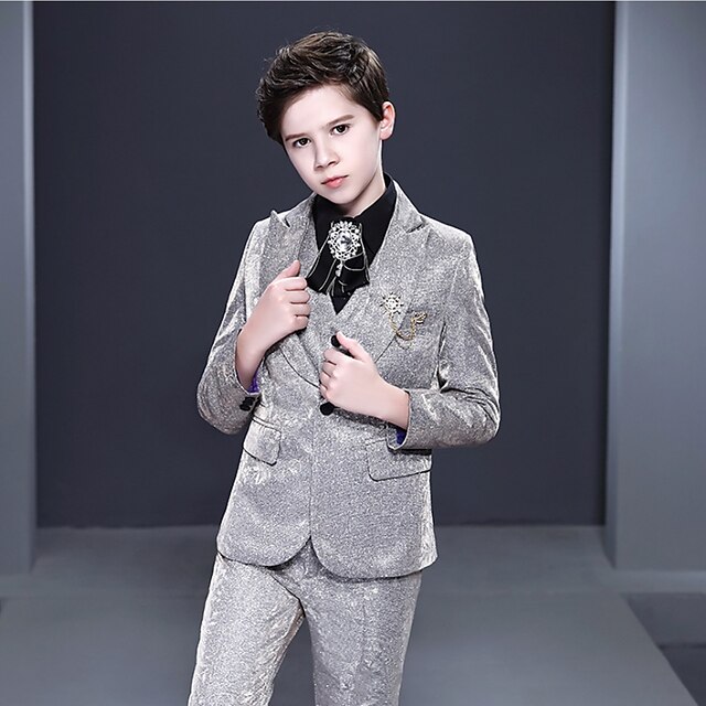 Baby & Kids Boys Clothing | Kids Boys Suit & Blazer Formal Set 6 Pieces Long Sleeve Gray Solid Color Sequins Party Indoor Formal