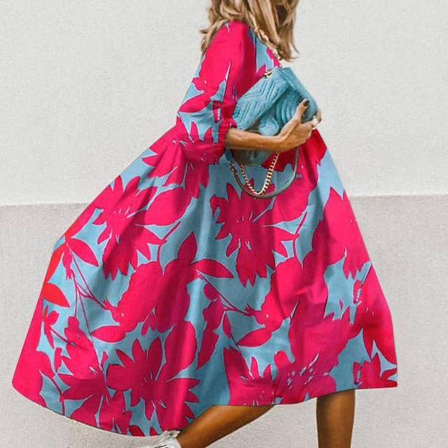  Naisten Midimekko Rento mekko Kukka mekko Tyylikäs Vapaa-aika ulko- Loma Pyhäpäivä Loose Fit Kukka Leopardi Puhdas väri Puolihiha Tiukka pyöreä kaula-aukko Musta Purppura Fuksia Apila Kevät Syksy