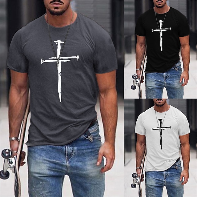  Men's T shirt Tee Short Sleeve Cross Crew Neck White Black Dark Gray Casual Daily Clothing Apparel Cotton Sports Fashion Lightweight Big and Tall / Summer