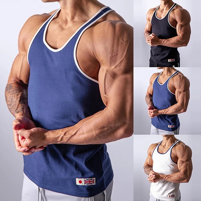  Men's Sleeveless Running Tank Top Running Singlet Workout Tops Stripe-Trim Top Summer Cotton Breathable Quick Dry Soft Fitness Gym Workout Running Active Training Jogging Sportswear Stripes Blue