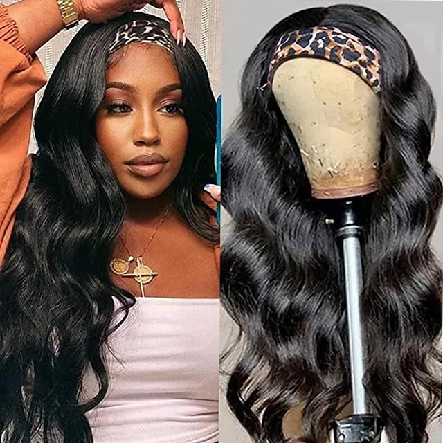 

Human Hair Wig Long Body Wave With Headband Natural Black Fashionable Design Classic Women Machine Made Brazilian Hair Women's Natural Black #1B 14 inch 16 inch 18 inch Party / Evening Daily Daily