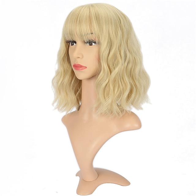 Beauty & Hair Wigs & Hair Pieces | Natural Wavy Wig With Air Bangs Short Bob Grey Blue Wigs Womens Shoulder Length Wigs Curly Wa