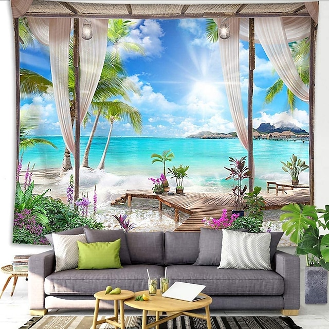  Ventana paisaje tapiz de pared arte decoración manta cortina colgante hogar dormitorio sala de estar decoración árbol de coco mar océano playa