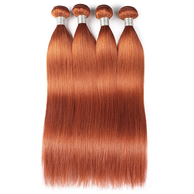  4 pakettia Hiuskudokset Brasilialainen Suora Ihmisen hiustenpidennykset Remy-hius Esivärjätyt hiusten kudokset 10-24 inch Oranssi Naisten