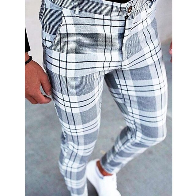 Men's Skinny Trousers Chinos Jogger Pants Plaid Dress Pants Pocket ...
