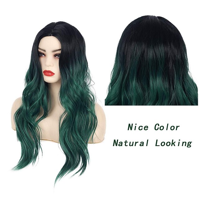 Beauty & Hair Wigs & Hair Pieces | Long Curly Wavy Gradient Black Green Wig Synthetic Natural Mid Cosplay Costume Wig for Women 