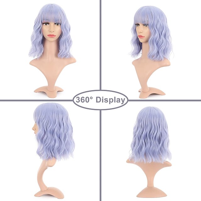 Beauty & Hair Wigs & Hair Pieces | Natural Wavy Wig With Air Bangs Short Bob Grey Blue Wigs Womens Shoulder Length Wigs Curly Wa