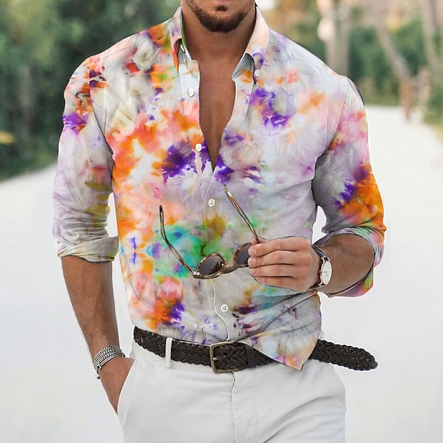  Herr Knytbatik Skjorta Hawaii skjorta Knapp upp skjorta Långärmad Skjorta Hög krage Mode Designer Ledigt Utomhus Semester Ledigt Regnbåge 3D-tryck S M L