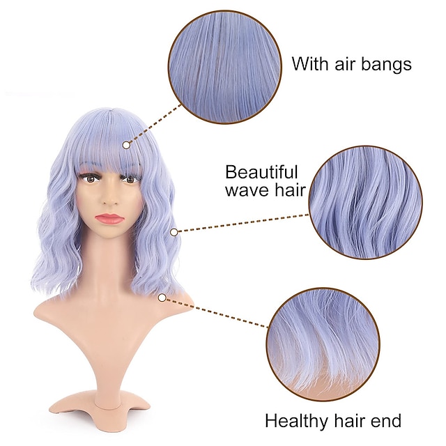 Beauty & Hair Wigs & Hair Pieces | Natural Wavy Wig With Air Bangs Short Bob Grey Blue Wigs Womens Shoulder Length Wigs Curly Wa