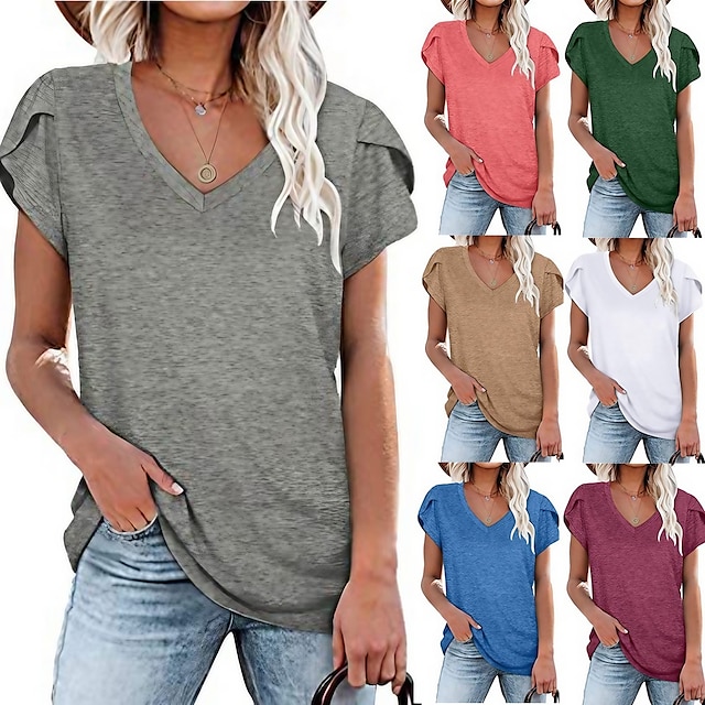  kvinners vårsommer ensfarget v-hals kortermet t-skjorte topp