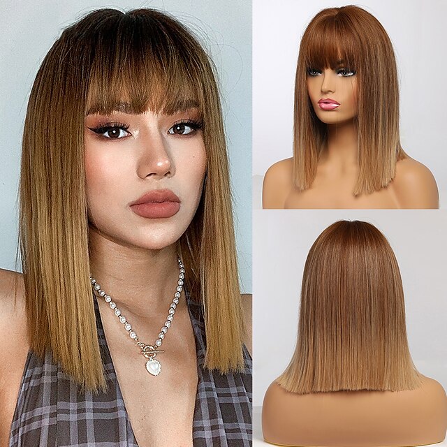 Beauty & Hair Wigs & Hair Pieces | Synthetic Wig Straight With Bangs Machine Made Wig Blonde Pink Medium Length A1 A2 A3 A4 A5 S