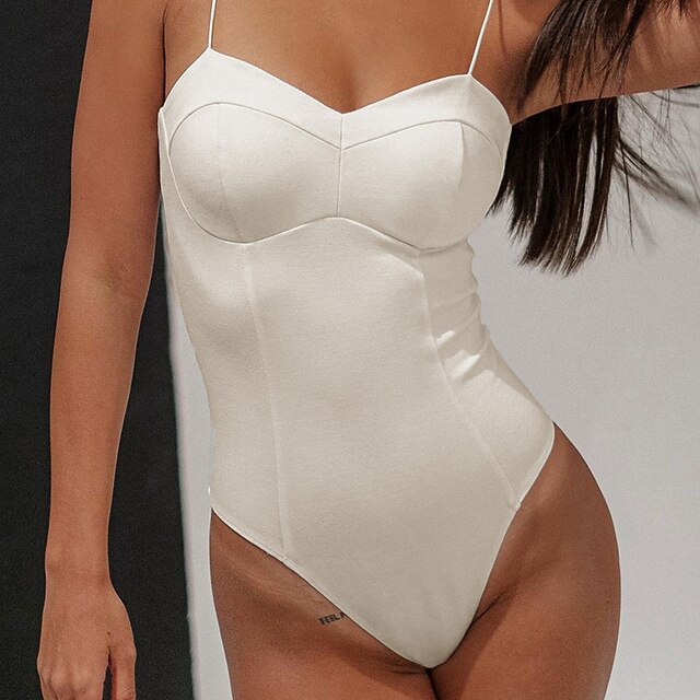 

Women's Bodysuit Solid Color V Neck Casual Daily Street Casual Bodycon Spaghetti Strap White Black Khaki S M L Fall