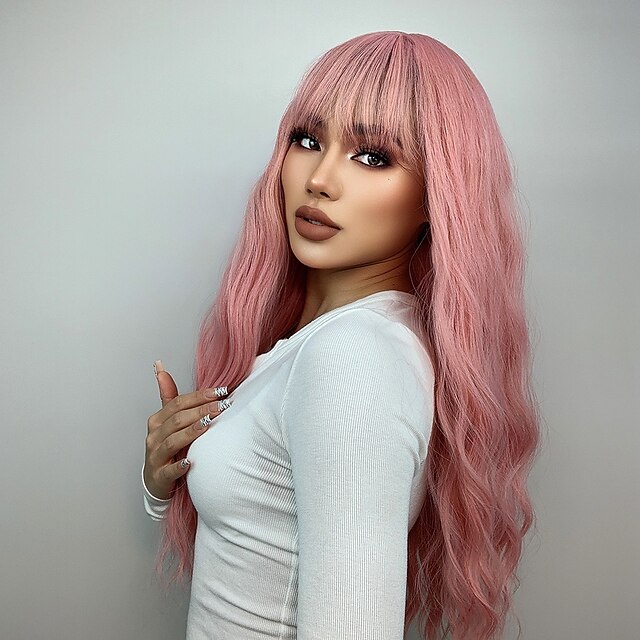 Beauty & Hair Wigs & Hair Pieces | HAIRCUBE Long Pink Wig with Bangs Natural Wave Heat Resistant Culy Hair Synthetic Wigs for Wo