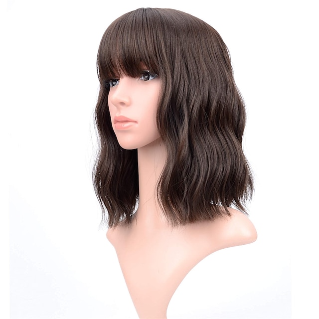 Beauty & Hair Wigs & Hair Pieces | Natural Wavy Wig With Air Bangs Short Bob Grey Blue Wigs Womens Shoulder Length Wigs Curly Wa