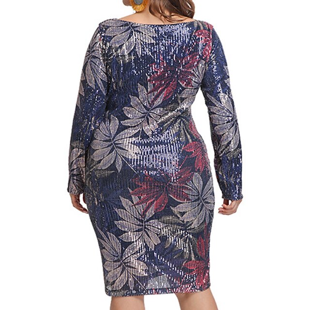 Womens Clothing Plus Size Collection | Womens Plus Size Sheath Dress Leaf Round Neck Long Sleeve Spring Summer Casual Knee Lengt