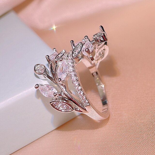 Shoes & Bags Fashion Accessories | Women Statement Ring Party Layered Silver Brass Floral Luxury Elegant Fashion 1pc AAA Cubic Z