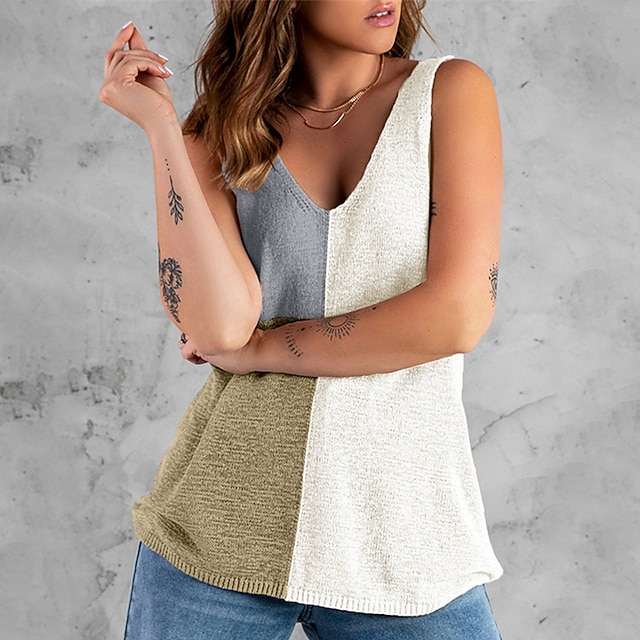 

Women's Sweater Vest Knitted Color Block Stylish Casual Soft Sleeveless Sweater Cardigans V Neck Fall Spring Blue White Black