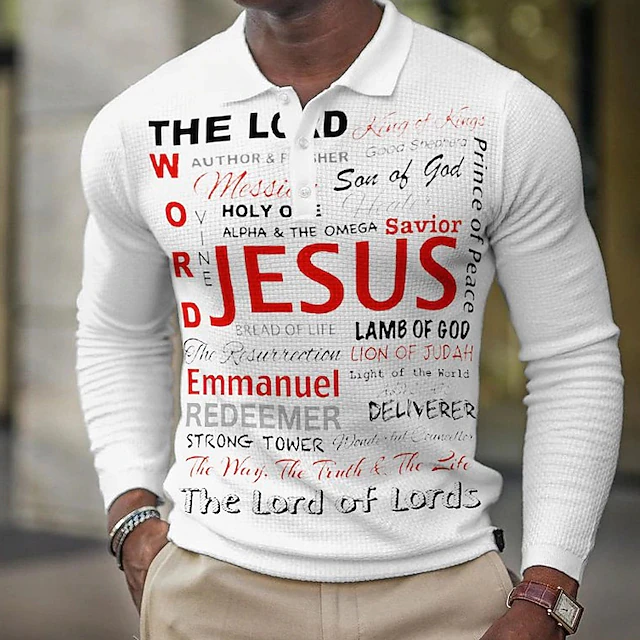 Men's Jesus Christian Waffle Polo Shirts Golf Shirt Long Sleeve Polo Shirts Collared Shirts Casual Vacation Wear Party Outfits Buttons 3D Print White Navy Blue Green4