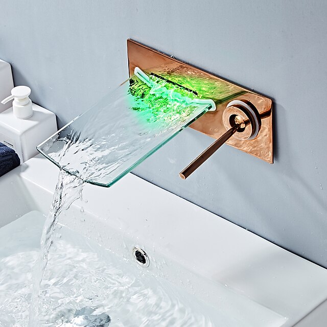 Wall Mounted Bathroom Sink Faucet,Single Handle Two Holes LED Waterfall Contemporary Chromium ...