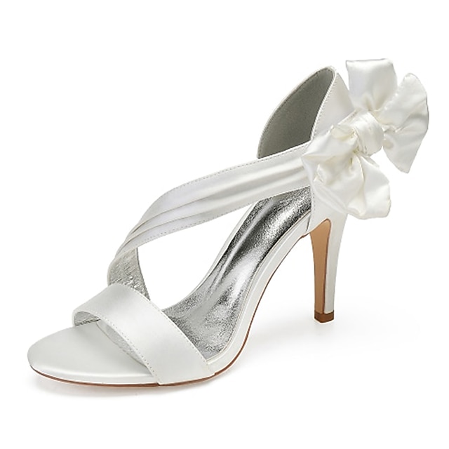  Women's Wedding Shoes Plus Size Bridal Shoes Bowknot Ribbon Tie Open Toe Elegant Satin Magic Tape Silver Black White
