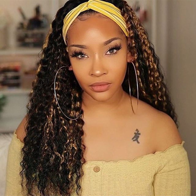 

Highlight Headband Wig Human Hair Curly 1B/27 Blonde Headband Wigs for Black Women Glueless Deep Wave Colored Human Hair Wig Glueless Wig 150% Density Machine Made 12-24 Inch