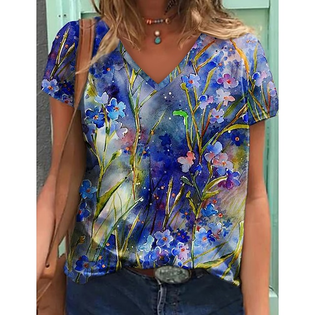 

Women's Floral Theme Abstract Painting T shirt Floral Print V Neck Basic Tops Blue / 3D Print