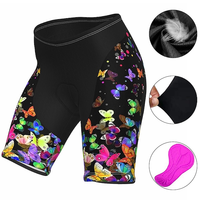  21Grams Femme Short Vélo Cuissard Velo Cyclisme Vélo Cuissard Short Pantalons VTT Vélo tout terrain Vélo Route Des sports à imprimé arc-en-ciel Papillon La peau 3 densités Séchage rapide Respirable