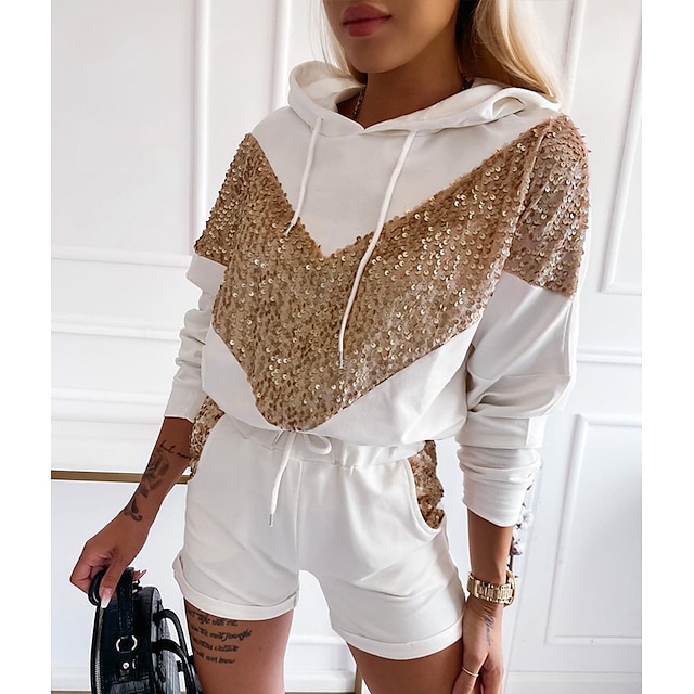 

Women's Basic Plain Sport Casual Two Piece Set Hoodie Tracksuit Shorts Sequins Drawstring Tops