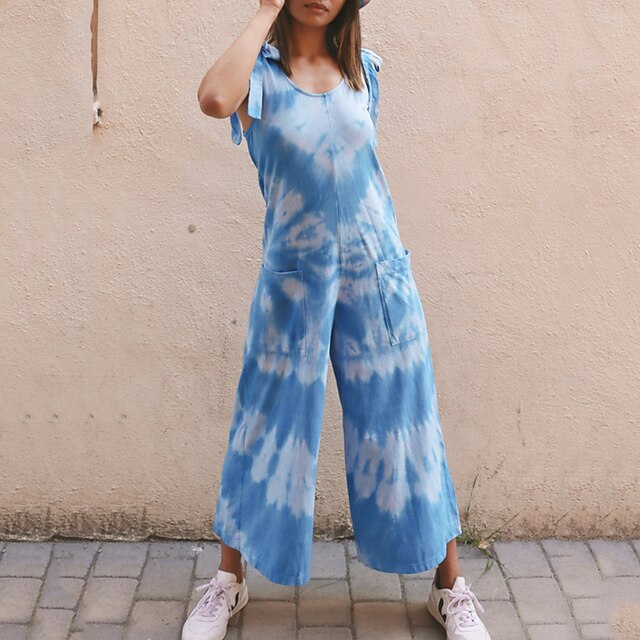 

Women's Jumpsuit Print Tie Dye V Neck Active Street Casual Regular Fit Sleeveless Blue S M L Spring