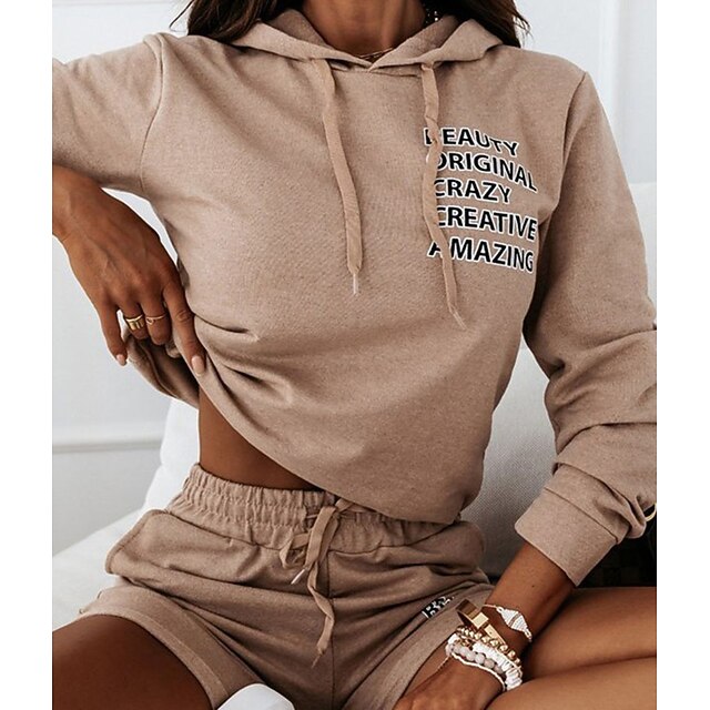 

Women's Basic Plain Letter Sport Casual Two Piece Set Hoodie Tracksuit Shorts Sets Shorts Drawstring Tops